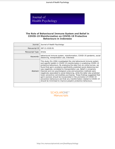 The role of behavioural immune system and belief in COVID-19 misinformation on COVID-19 protective behaviours in Indonesia